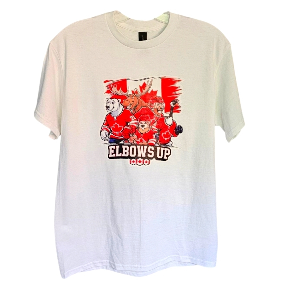 Team Canada Elbows Up White Cotton T-shirt Polar Bear Moose Beaver Bear Goose